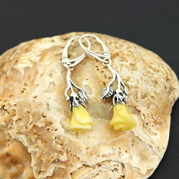 Sterling silver earrings with natural Baltic amber, amber rose drop earrings - Picture 5 of 14